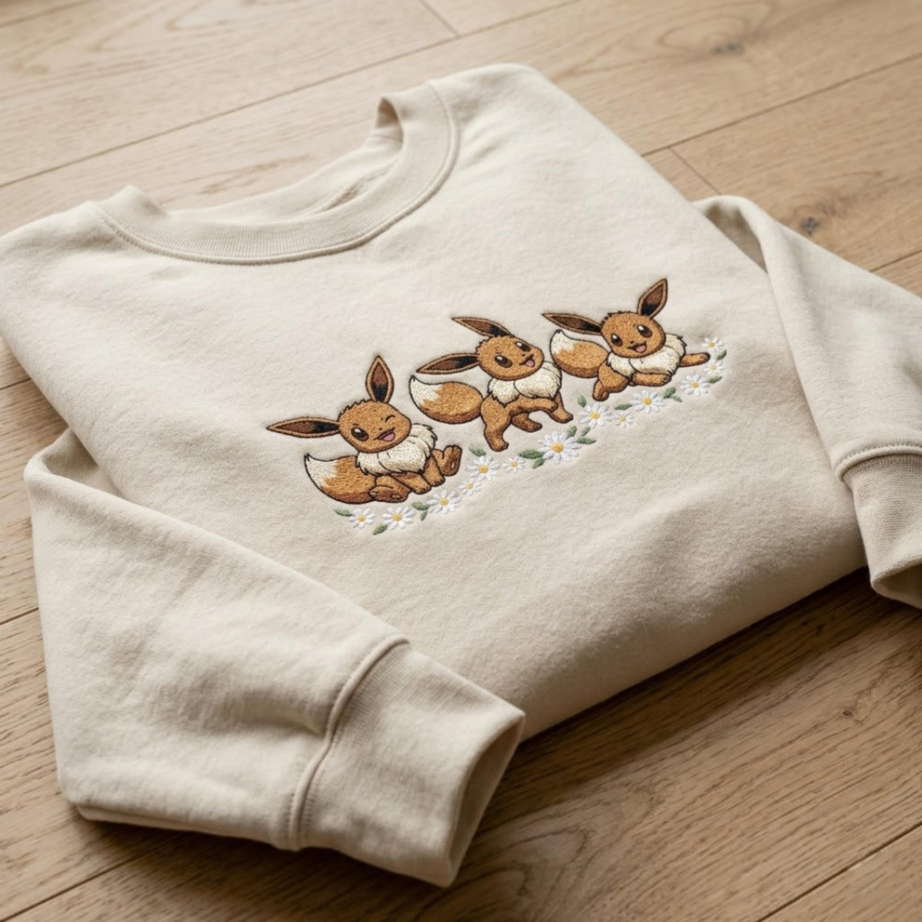 Eevee Embroidered Sweatshirt, Cute Poke Crewneck, Kawaii Anime Embroidery Shirt, PKM T-shirt, Gamer Gift, Pastel Aesthetic