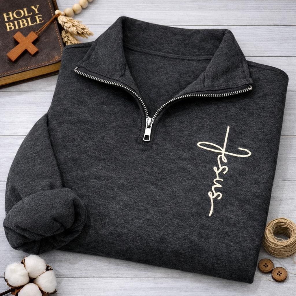 Jesus Embroidered Quarter Zip Sweatshirt, Christian Faith Pullover, Minimal Cross Shirt, Religious Cozy Top, Christian Gift for Women