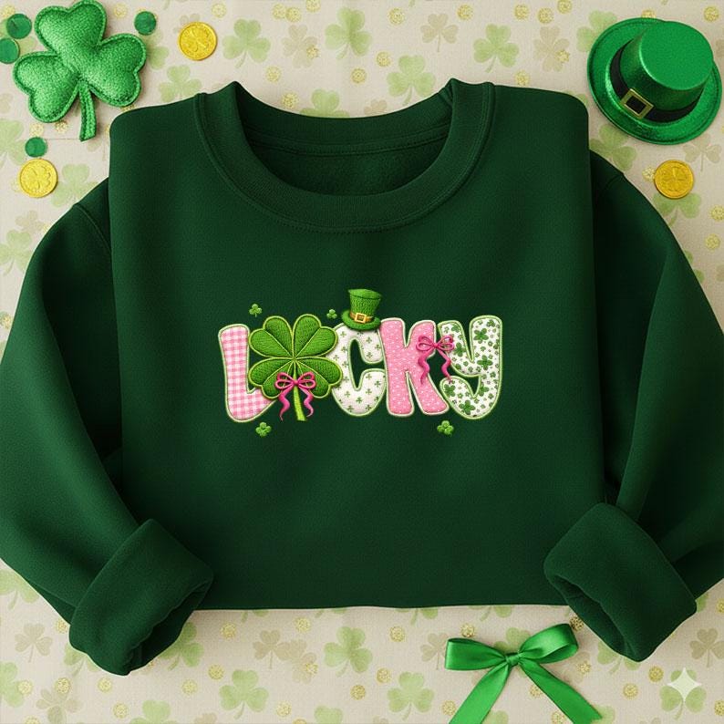 Coquette Lucky Embroidered Sweatshirt, Checkered Shamrock Crewneck, St Patrick’s Day Clover Shirt