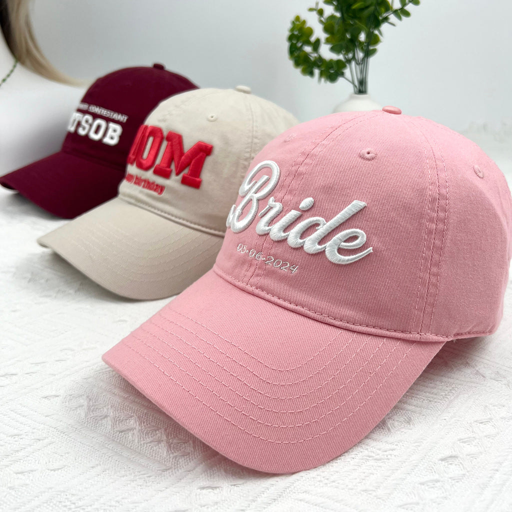 Custom Embroidered 3D Text Hat，Embroidery Logo Baseball Hat,Party Hats,Gift for Dad Mom Him Her Boyfriend,Bride Hat,unisex cotton dad hats