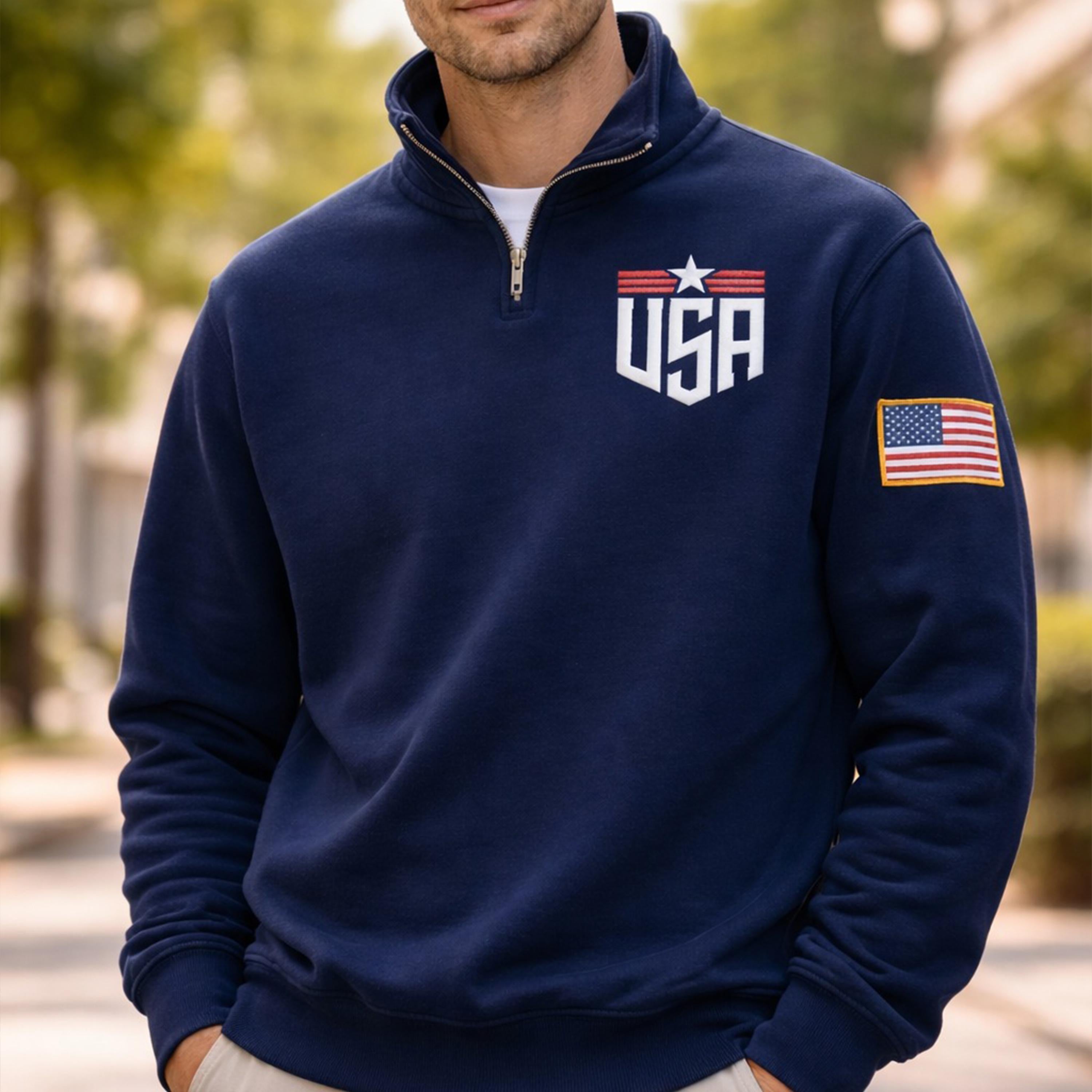 USA Embroidered Quarter Zip Sweatshirt, Patriotic Pullover with American Flag Sleeve, USA Half Zip Sweater for Men Women