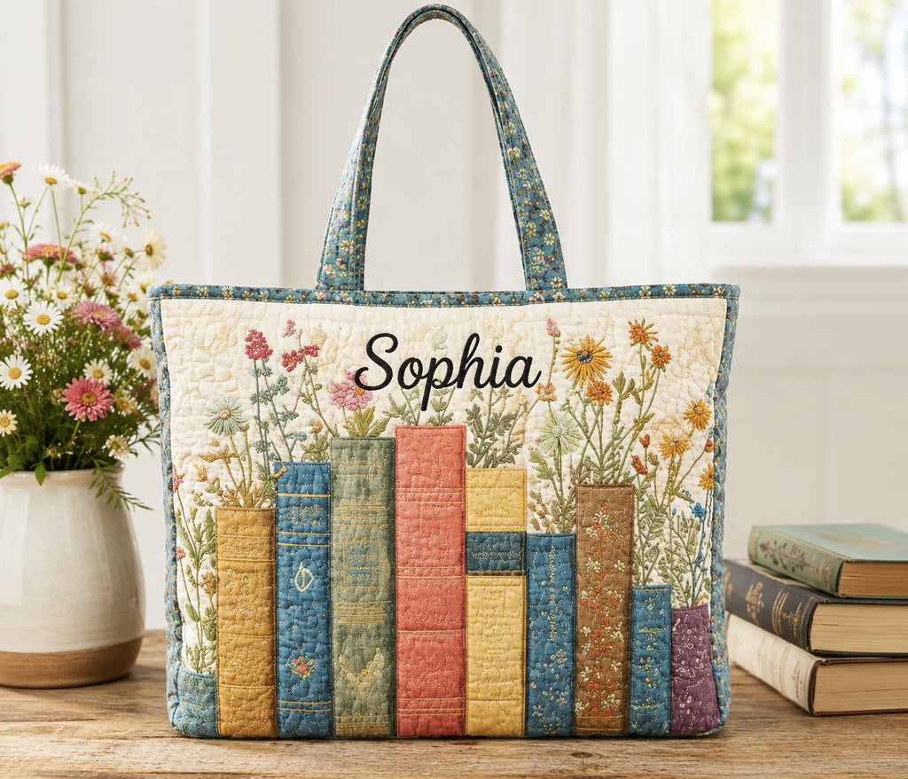 Floral Book Quilted Tote Bag, Floral Tote Bag, Women Shoulder Bag, Quilted Book Bag, Fabric Bag QTOTE53