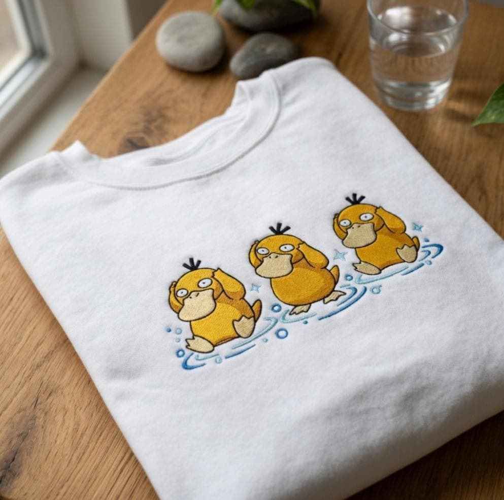 Psyduck Embroidered Sweatshirt, Cute Poke Crewneck, Kawaii Anime Embroidery Shirt, PKM T-shirt, Gamer Gift, Pastel Aesthetic