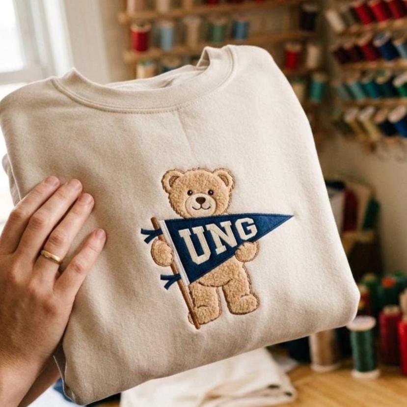 Custom College Sweatshirt, Embroidered Teddy Bear Shirt, Personalized University Name Pennant, Cute Campus Gift for Colleague