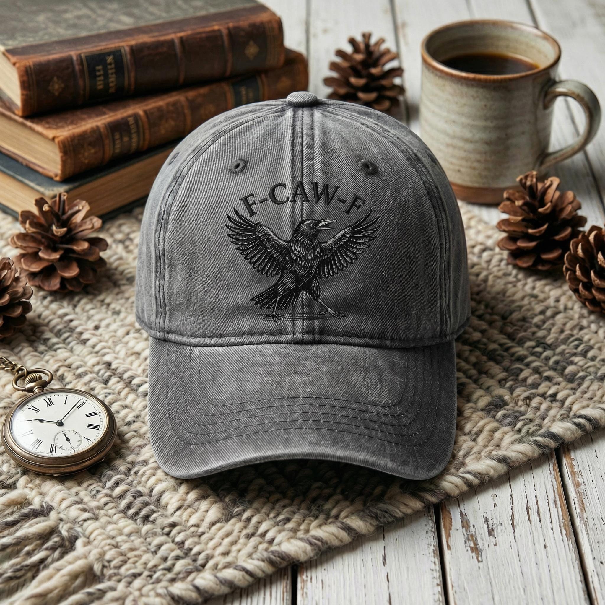 Embroidered F-Caw-F Crow Hat, Funny Bird Baseball Cap, Distressed Adjustable Dad Hat, Sarcastic Humor Crow Cap