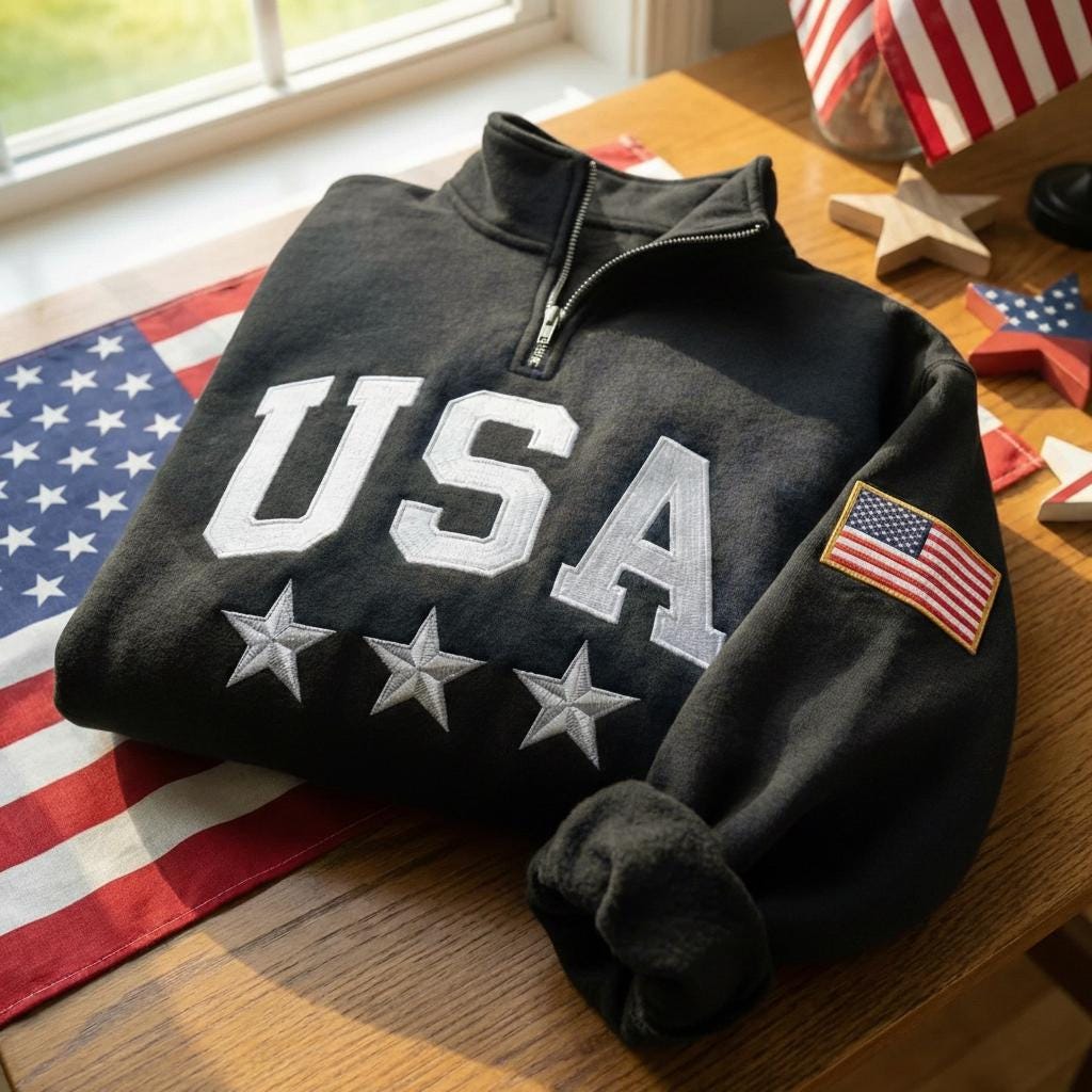 Embroidered USA Quarter Zip Sweatshirt, Retro USA With Flag Shirt, USA Pride, Semiquincentennial Gift