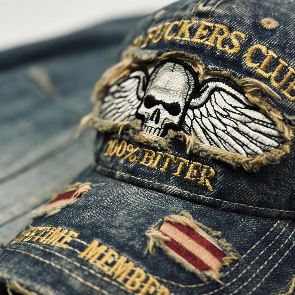 Old Fuckers Club Distressed Denim Cap – Embroidered Skull Adjustable Dad Hat