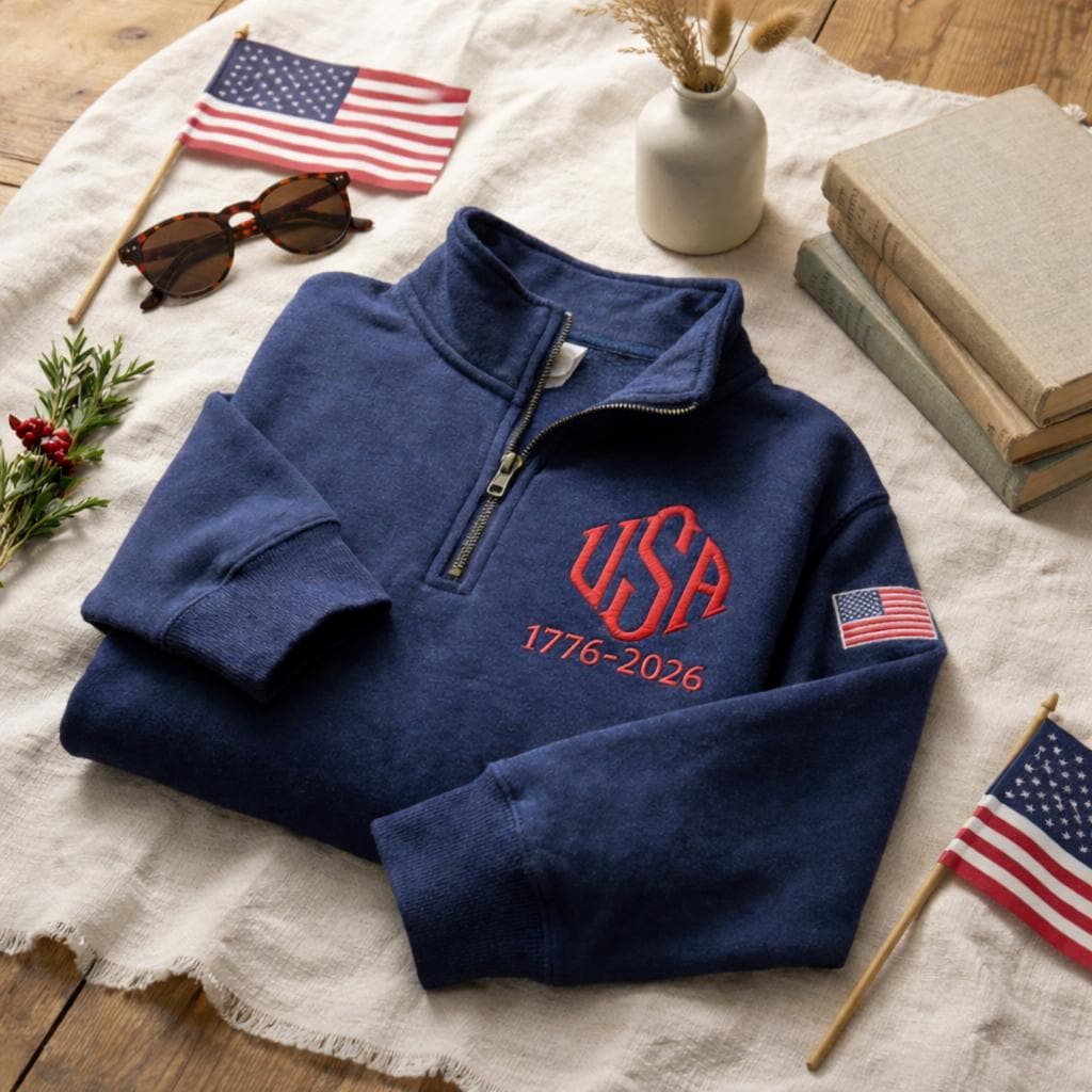 Embroidered USA 250 Years Quarter Zip Sweatshirt, Retro USA With Flag Shirt, Patriotic USA Sweatshirt, 250th Anniversary, America 1776-2026
