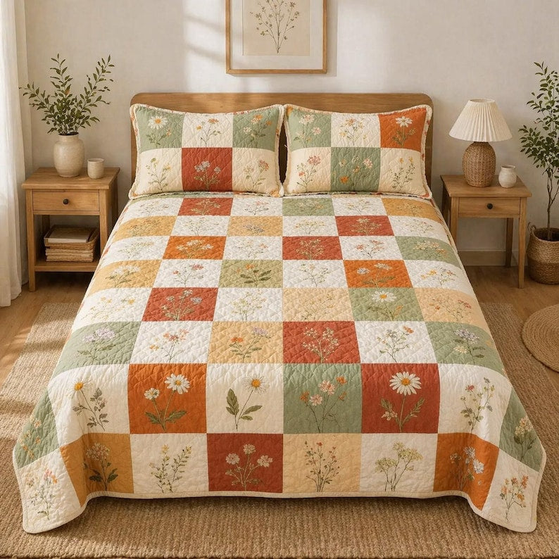 Floral Patchwork Pattern Blanket, Flower Quilted Bedding Set, Custom Quilt with Pillow Covers, Christmas Bedding Decor QBEDSET36