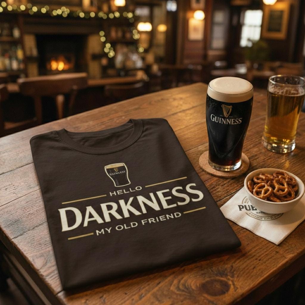 Hello Darkness My Old Friend Irish Beer Embroidered T-Shirt, St Patrick’s Day Party Tee, Funny Drinking Gift Embroidered, Guinness Stout Lover Top, Irish Pub