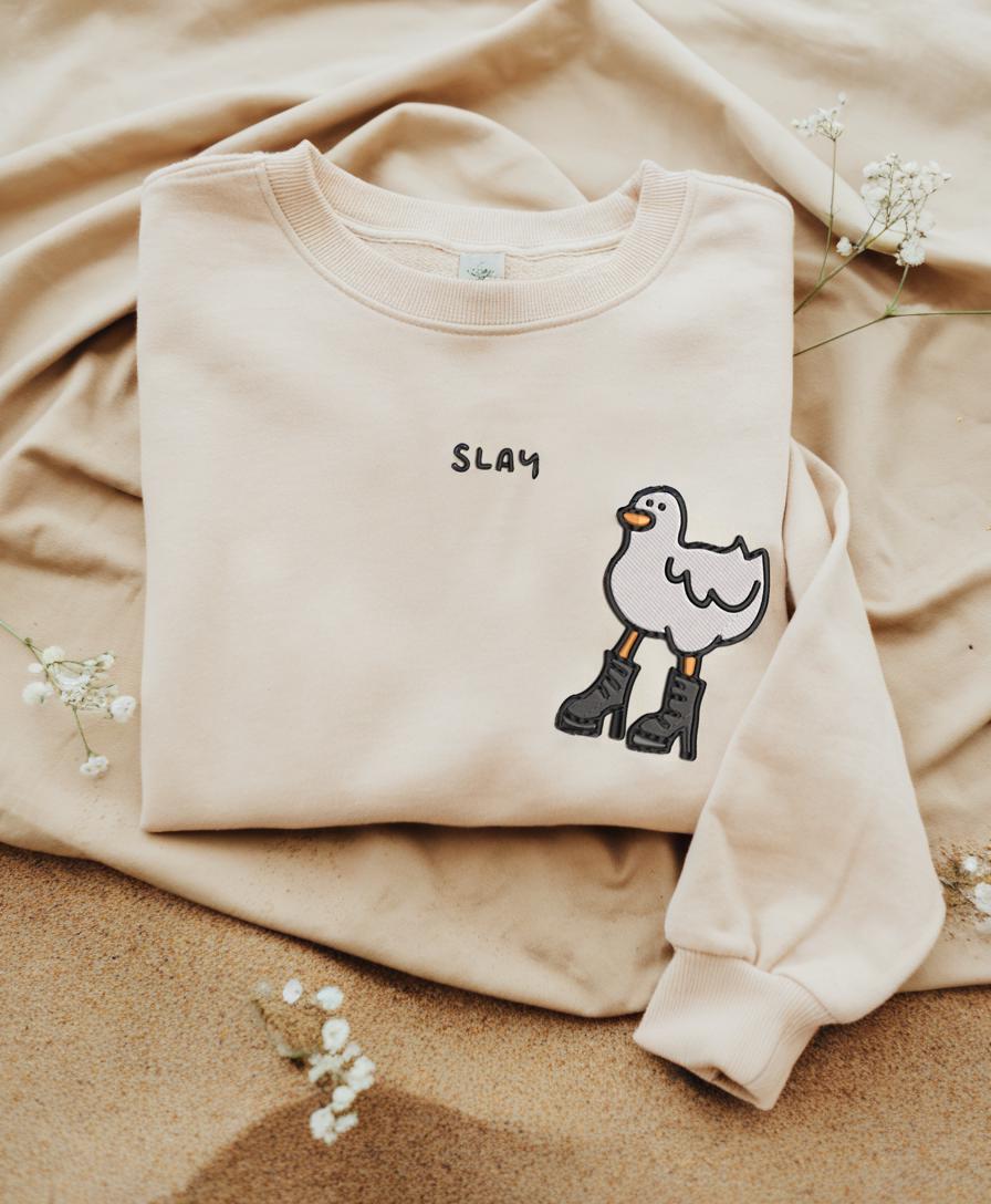 Embroidered Slay Duck Sweatshirt, Funny Duck Crewneck, Cute Monochrome Gift for Her