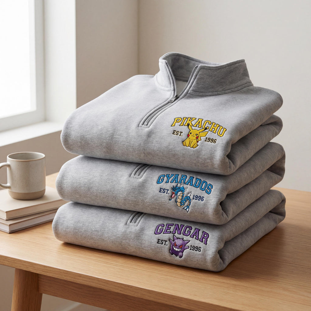 Custom Poke Anime Embroidered Quarter Zip Sweatshirt, Personalized Character Sweater, Gift for Her & Him