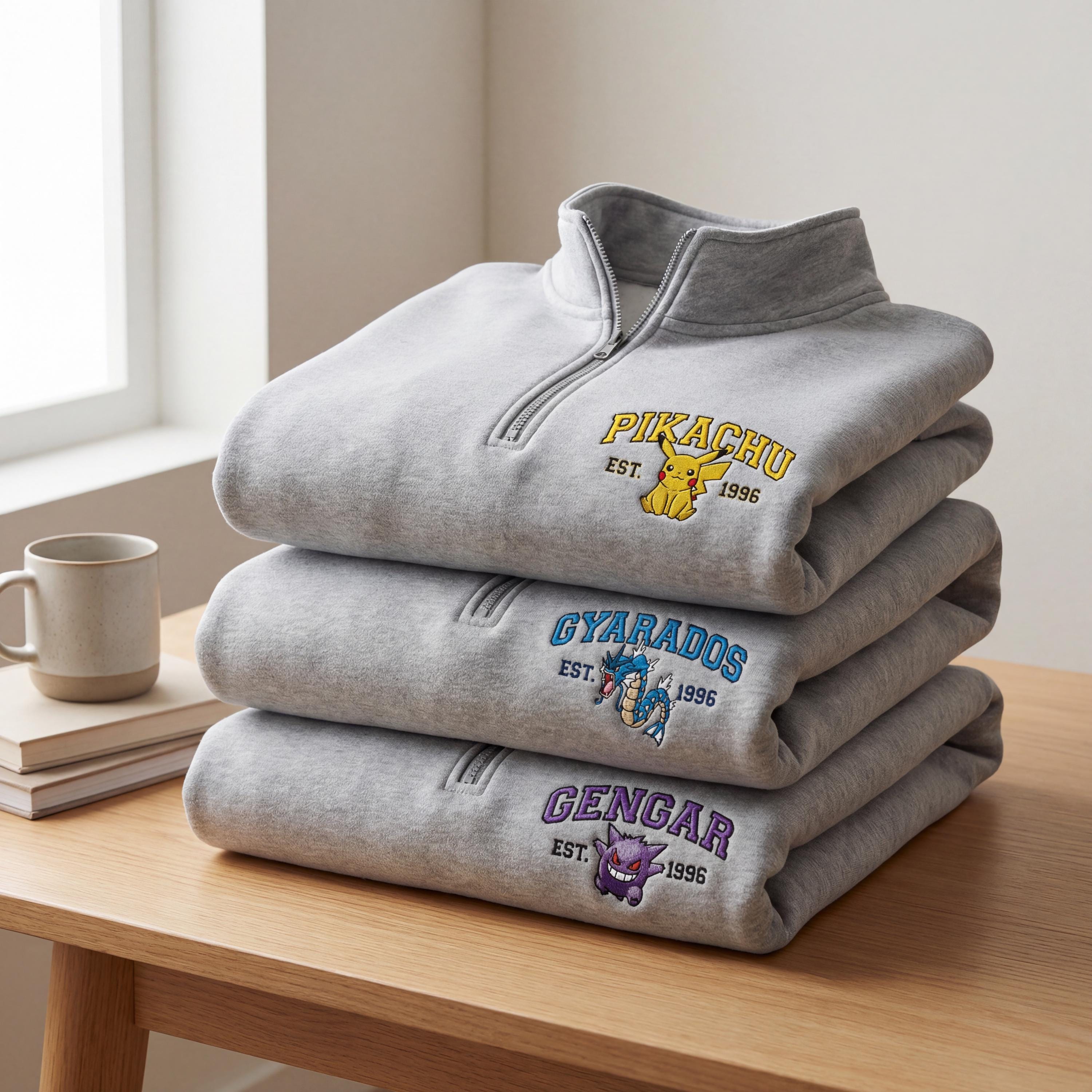 Custom Poke Anime Embroidered Quarter Zip Sweatshirt, Personalized Character Sweater, Gift for Her & Him