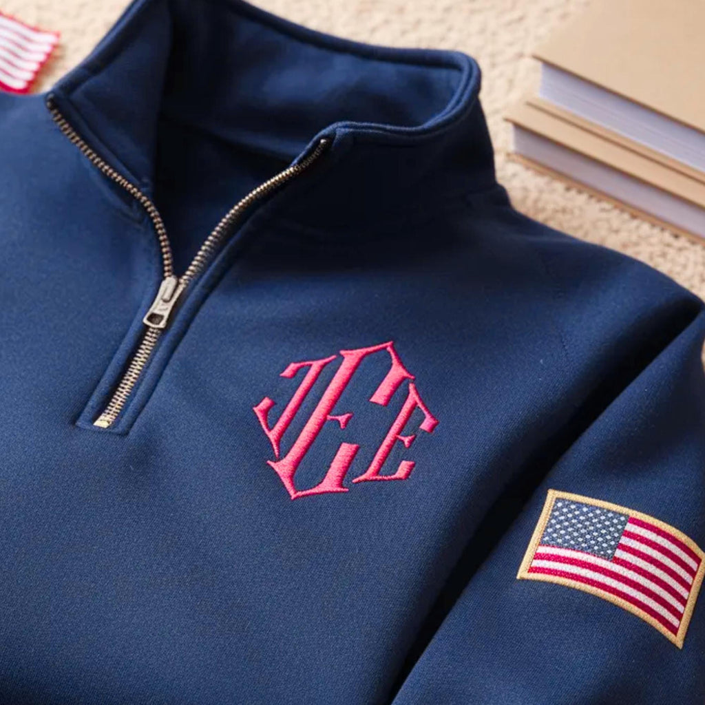 Embroidered USA Flag Sleeve Sweatshirt, Blue Crewneck Costume Shirt