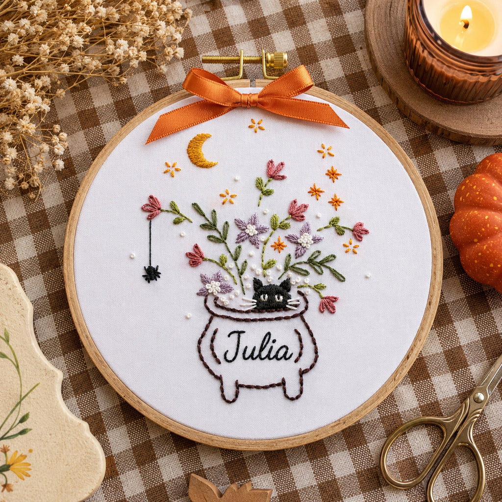 Personalized Witch Cauldron Hand-Embroidery Hoop, Halloween Floral Wall Decor, Custom Name Spooky Fall Gift, Handmade Halloween Decor HOOP03