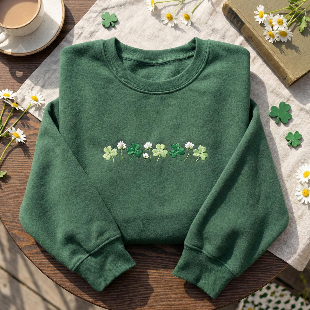Embroidered Shamrocks Crewneck – St. Patrick’s Day Irish Sweatshirt, Shamrock Meadow Design