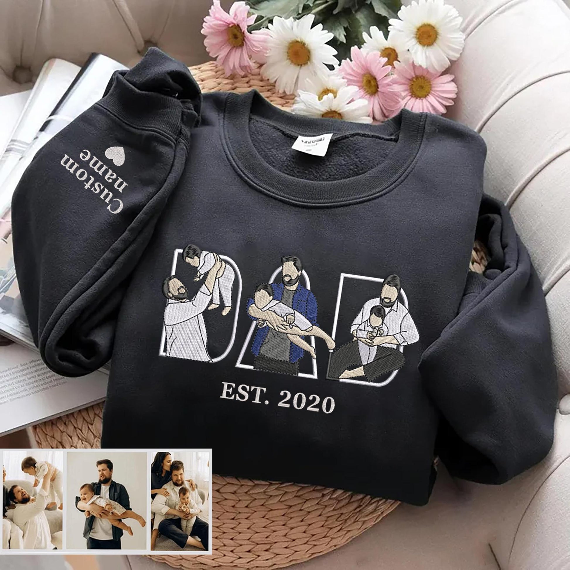 Embroidered Dad Hoodie, Custom Kid Portrait Sweatshirt, Personalized Name Sleeve