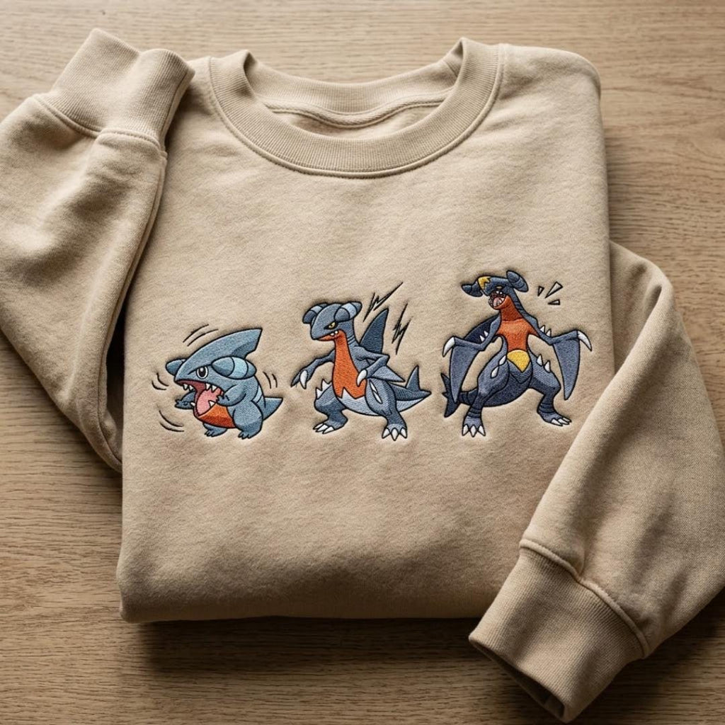 Gible Gabite Garchomp Evolution Embroidered Sweatshirt, Cute Pokemon Shirt, Kawaii Anime Embroidery, Gift for Pokemon Fans