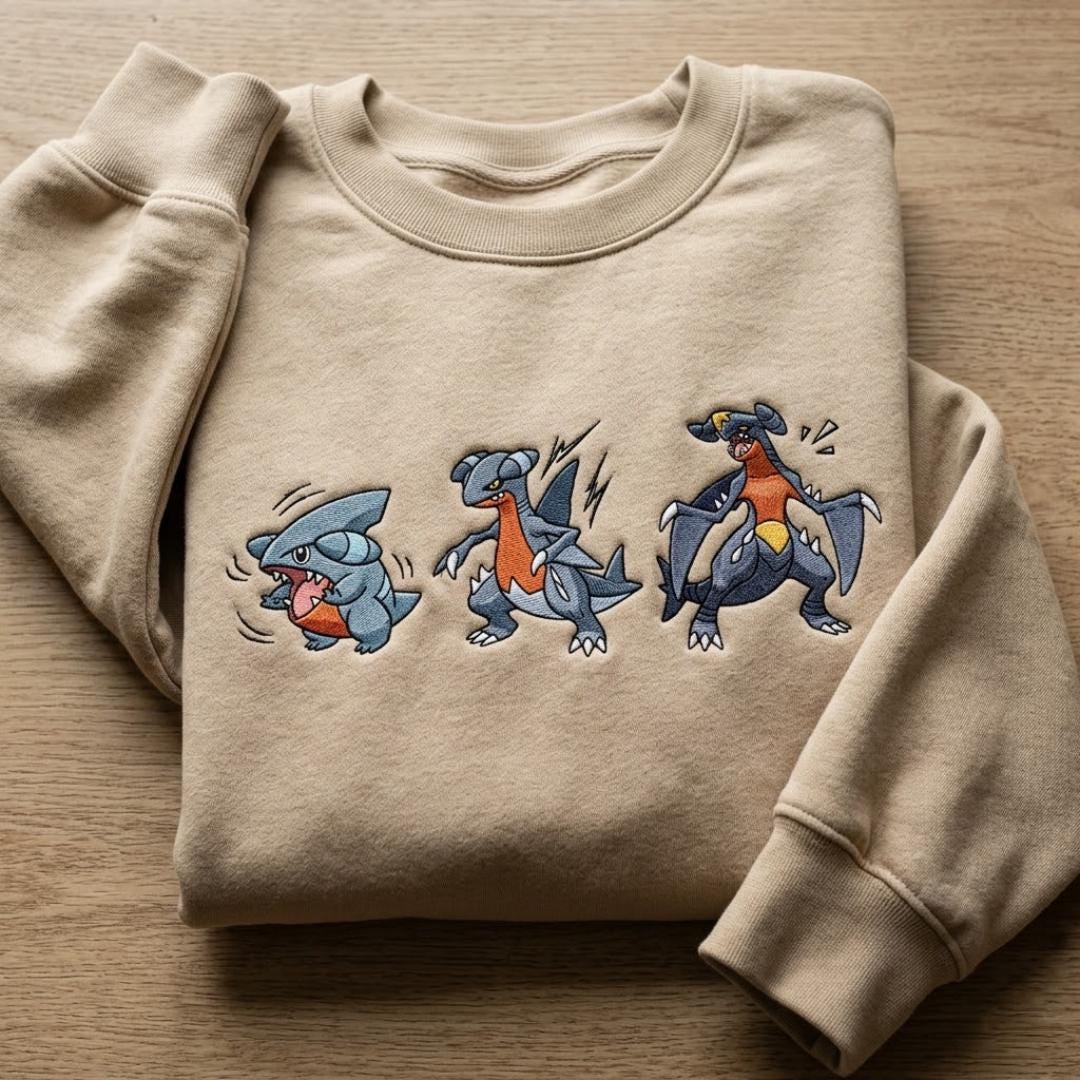 Gible Gabite Garchomp Evolution Embroidered Sweatshirt, Cute Pokemon Shirt, Kawaii Anime Embroidery, Gift for Pokemon Fans