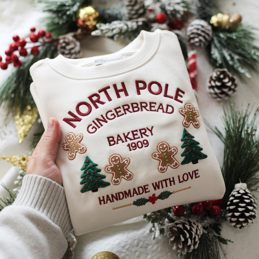 North Pole Gingerbread Embroidered Sweatshirt, Christmas Bakery Crewneck, Holiday Sweater, Cute Gingerbread Shirt, Xmas Gift for Her
