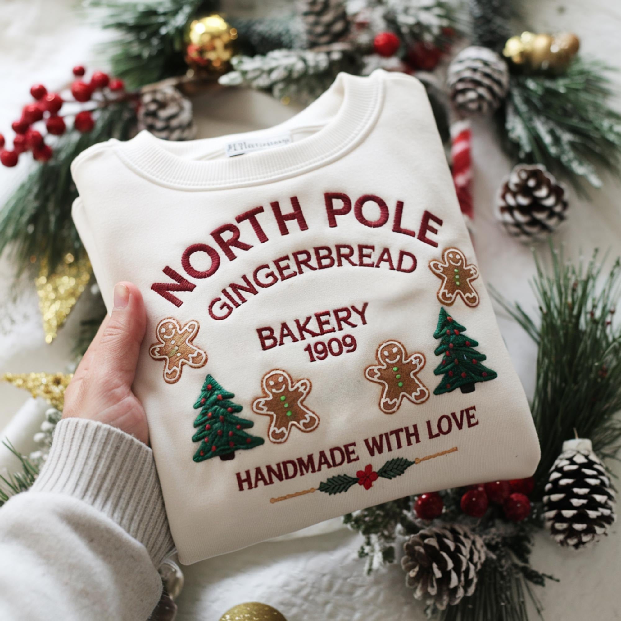 North Pole Gingerbread Embroidered Sweatshirt, Christmas Bakery Crewneck, Holiday Sweater, Cute Gingerbread Shirt, Xmas Gift for Her