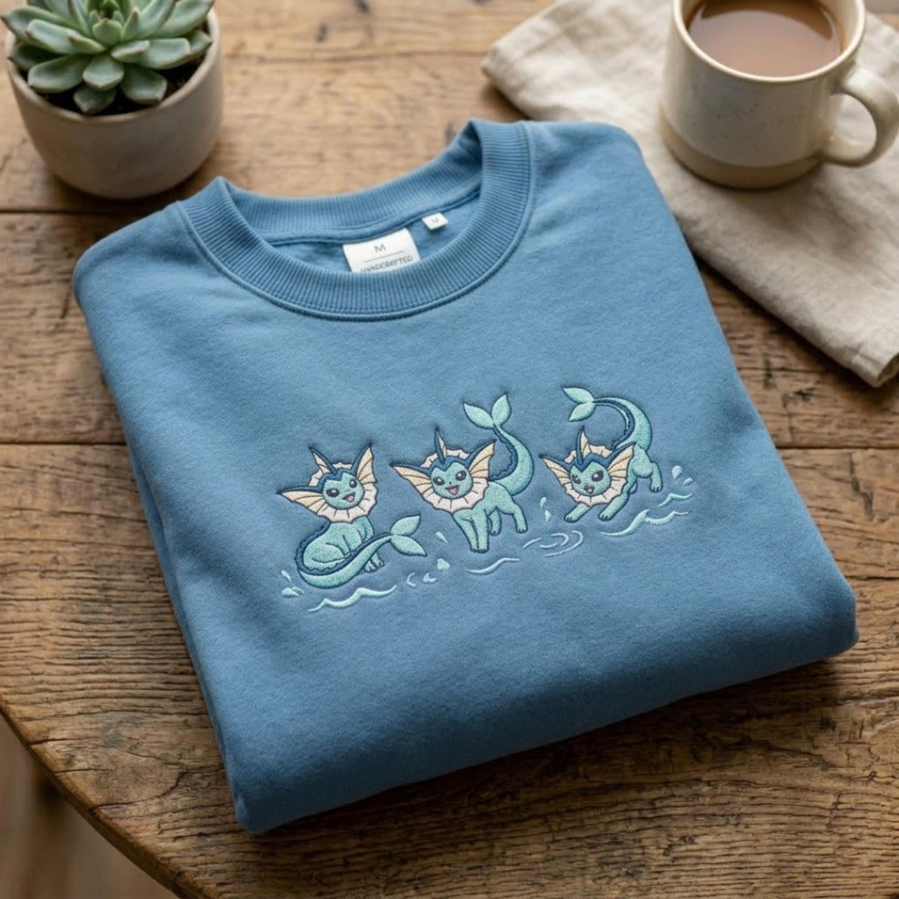 Vaporeon Embroidered Sweatshirt, Cute Poke Crewneck, Kawaii Anime Embroidery Shirt, PKM T-shirt, Gamer Gift, Pastel Aesthetic