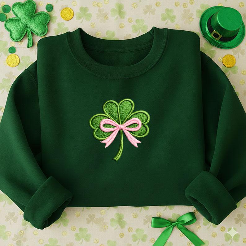 Embroidered St. Patrick’s Day Sweatshirt – Irish Shamrock Bow Embroidery Design, Saint Patrick’s Day Crewneck