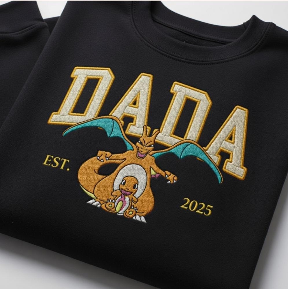 Embroidered Custom Pokedad Pokemom Hoodie, Cute Poke Characters Sweatshirt, Cozy Anime Embroidery, Gift for PKM Fans, Gift for dada and mama