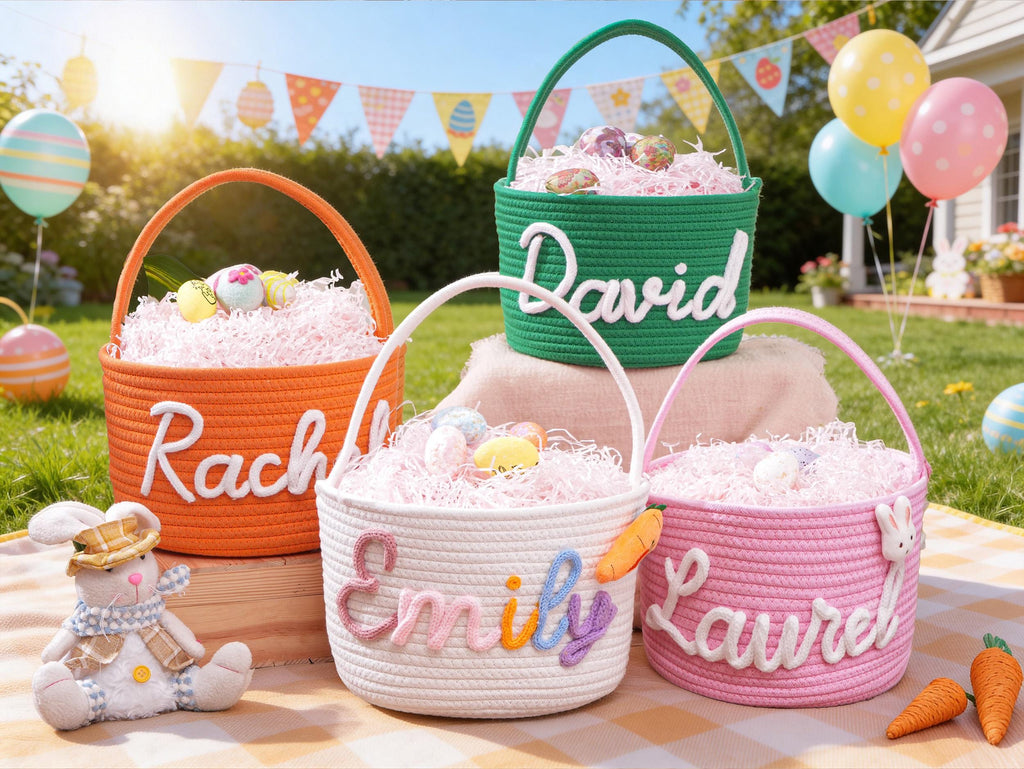 Personalized Easter Basket with Name, Handwoven Rope Basket, Easter Bunny Gift for Kids, Easter Egg Hunt Basket, Baby Shower Gift