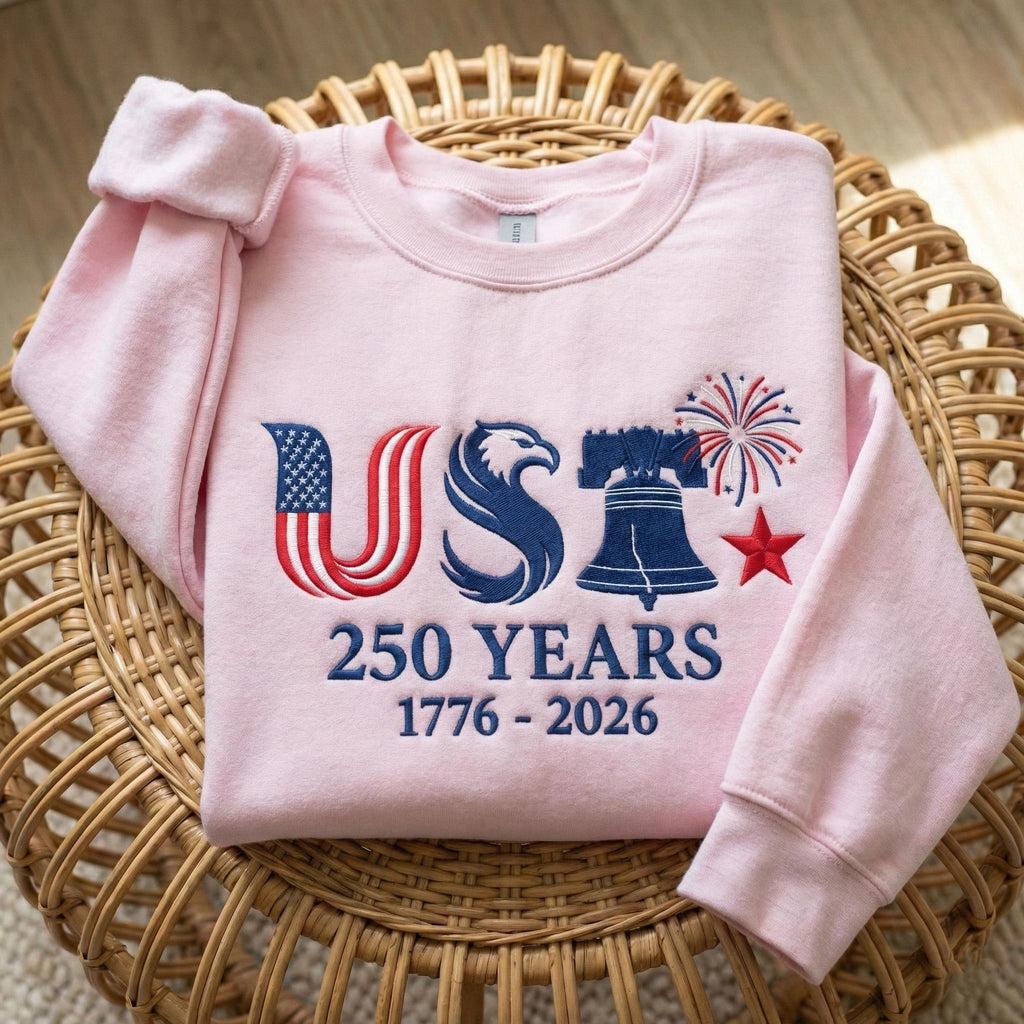 EMBROIDERED USA 250 Years Sweatshirt, American Independence Day Shirt, 1776–2026 Patriotic Crewneck, Liberty Bell Eagle Fourth of July Gift