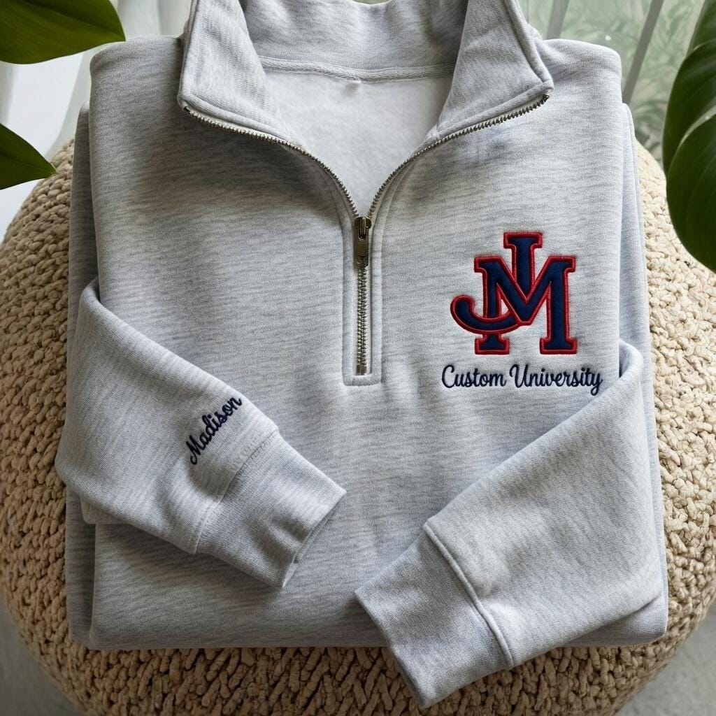 Personalized College University Logo Embroidered Quarter Zip Sweatshirt, Custom University Crewneck, College Sweatshirt, Graduation Gifts