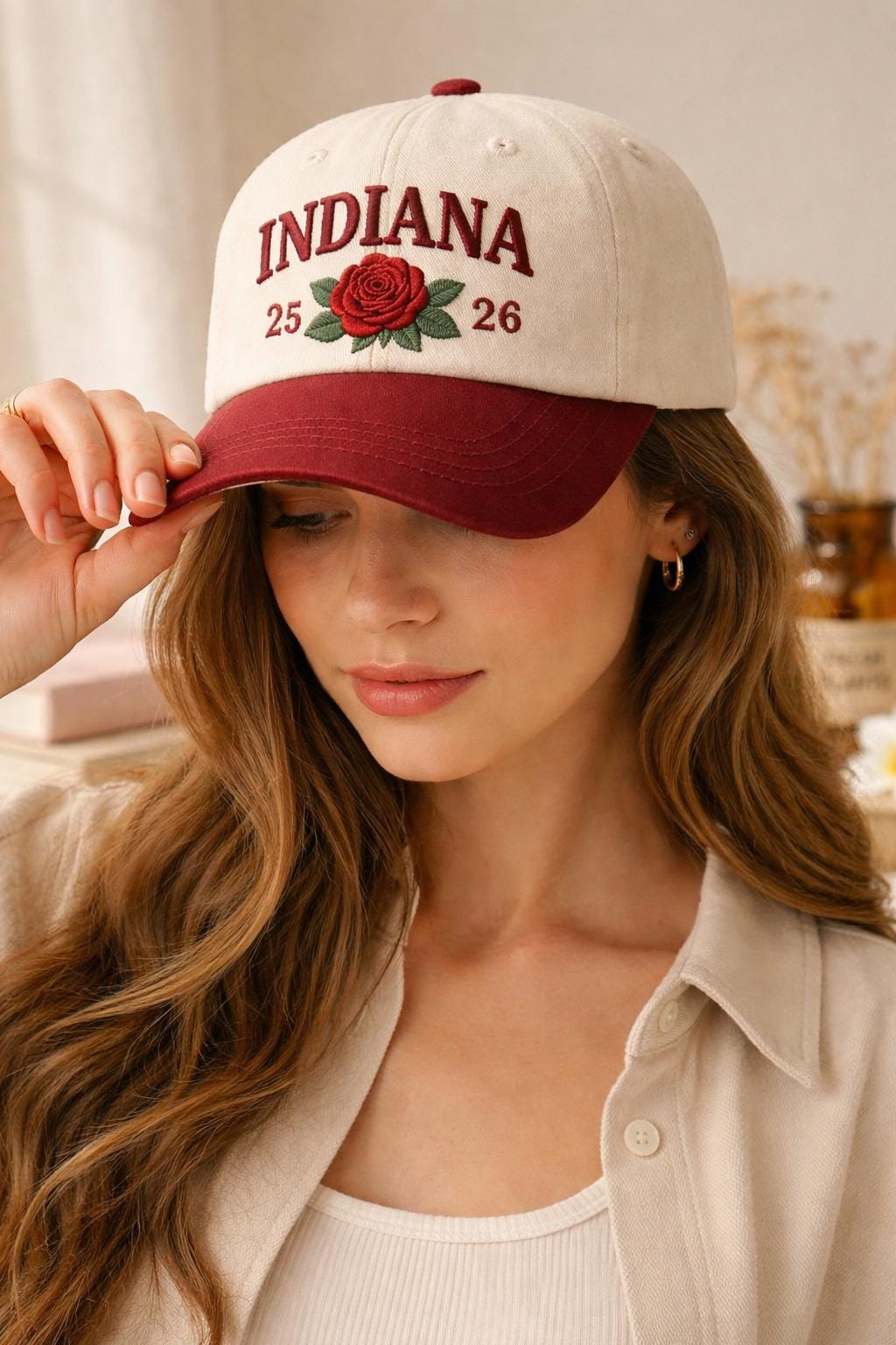Embroidered Indiana Rose Hat, Indiana Hat, State Hat, Vintage Style Adjustable Hat for Women and Men, Soft Cotton Two-Tone Dad Hat Gift