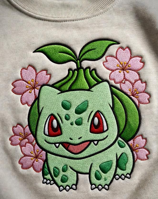 Bulbasaur Embroidered Sweatshirt, Cherry Blossom Poke T-shirt, Anime Inspired Floral Hoodie Gift, Gift for anime fan