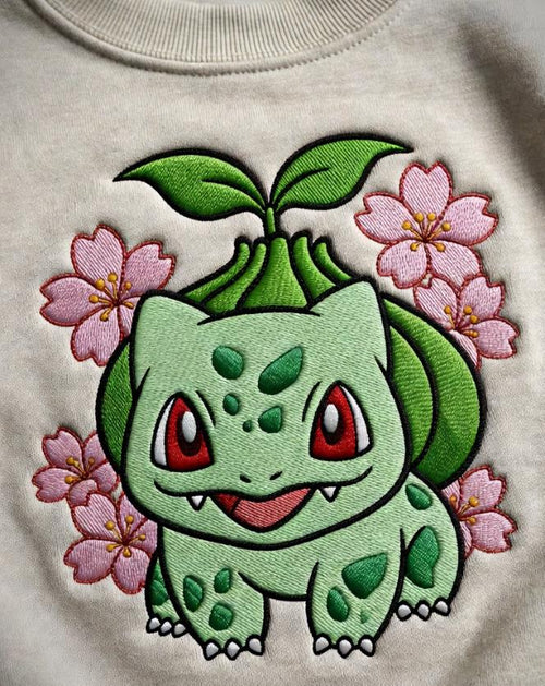 Bulbasaur Embroidered Sweatshirt, Cherry Blossom Poke T-shirt, Anime Inspired Floral Hoodie Gift, Gift for anime fan