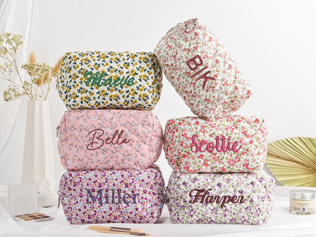 Personalized Floral Embroidered Makeup Bag, Large Capacity Cosmetic Bag, Bridesmaid & Mother’s Day Gift