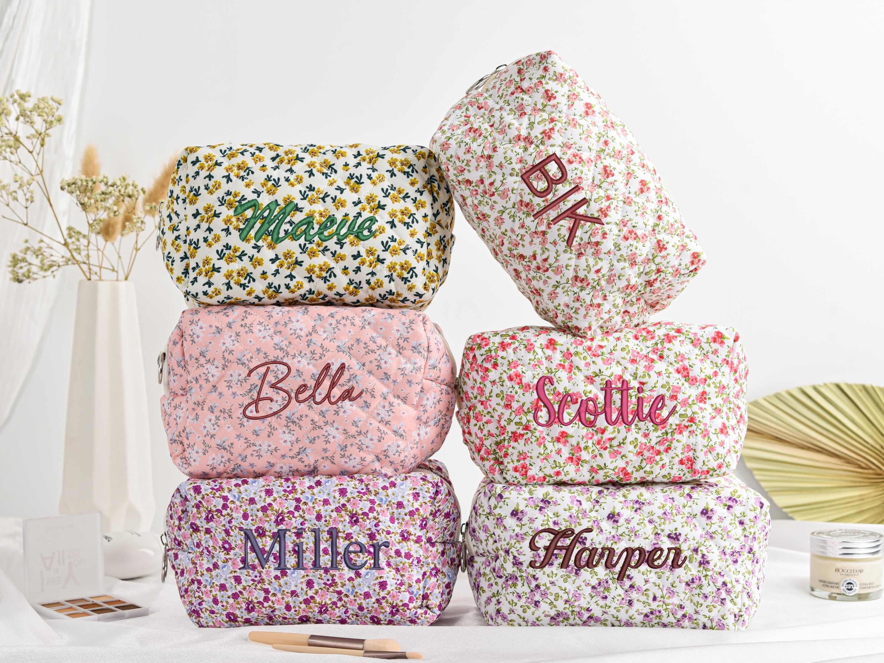 Personalized Floral Embroidered Makeup Bag, Large Capacity Cosmetic Bag, Bridesmaid & Mother’s Day Gift