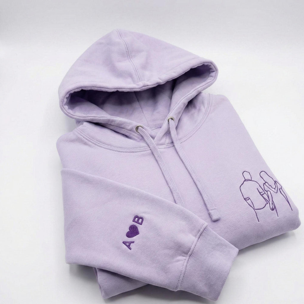 Custom Photo Embroidered Hoodie, Personalised Couple Sketch from Photo, Outline Drawing Embroidery Hoodies