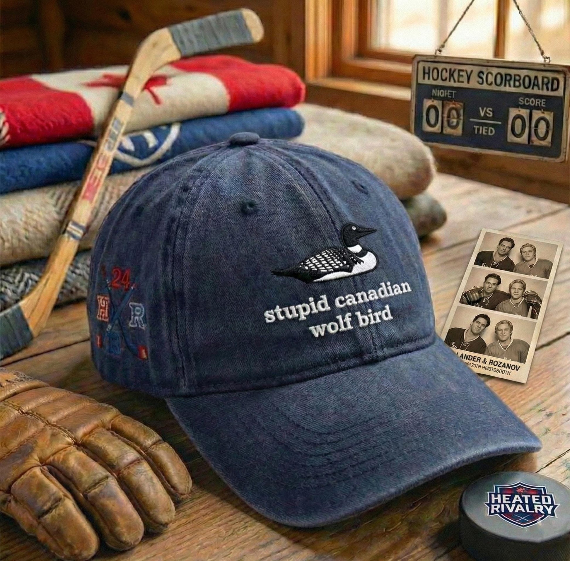 Stupid Canadian Wolf Bird Embroidered Washed Hat, Hockey Romance LGBT Hockey Fan Gift, Heated But Devote Movie Baseball Hat, Team Hollanov