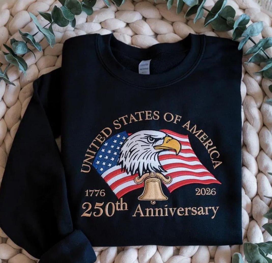 Embroidered American 250th Anniversary Sweatshirt – USA 1776 Flag Shirt | 1776–2026 Liberty Bell Independence Day Gift