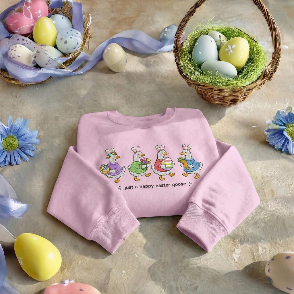 Just a Happy Easter Goose Embroidered Sweatshirt, Cute Goose Bunny Ears Hoodie, Funny Easter Animal Shirt, Spring Garden Party Apparel