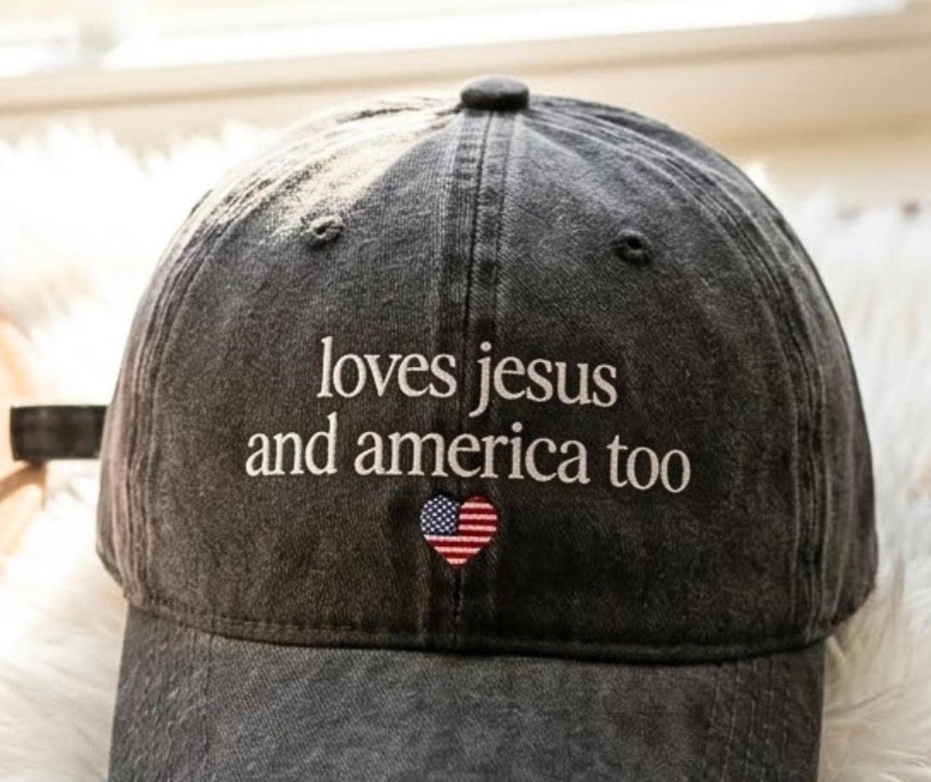 Loves Jesus and America Too Embroidered Washed Cotton Cap, Christian Patriotic Hat, Vintage Distressed Dad Hat, Faith Gift