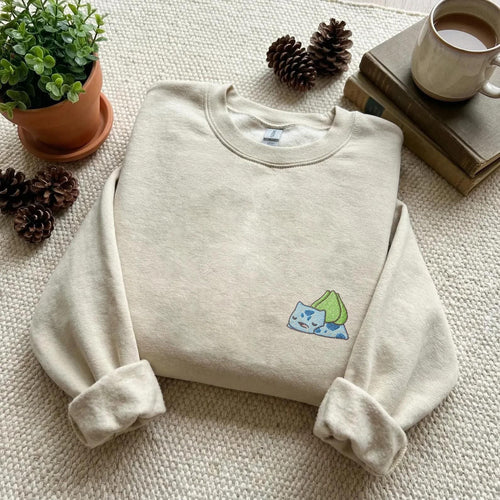 Bulbasaur Embroidered Sweatshirt, Cute Pokemon Hoodie, Sleeping Bulbasaur Shirt, Anime Crewneck, Small Chest Embroidery, Pokemon Fan Gift