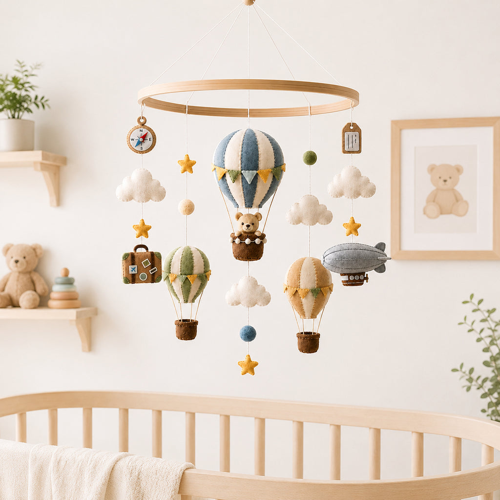 Personalized Adventure Hot Air Balloon Felt Baby Mobile, Handmade Travel Nursery Crib Mobile, Bear and Cloud Baby Room Decor BBMB02