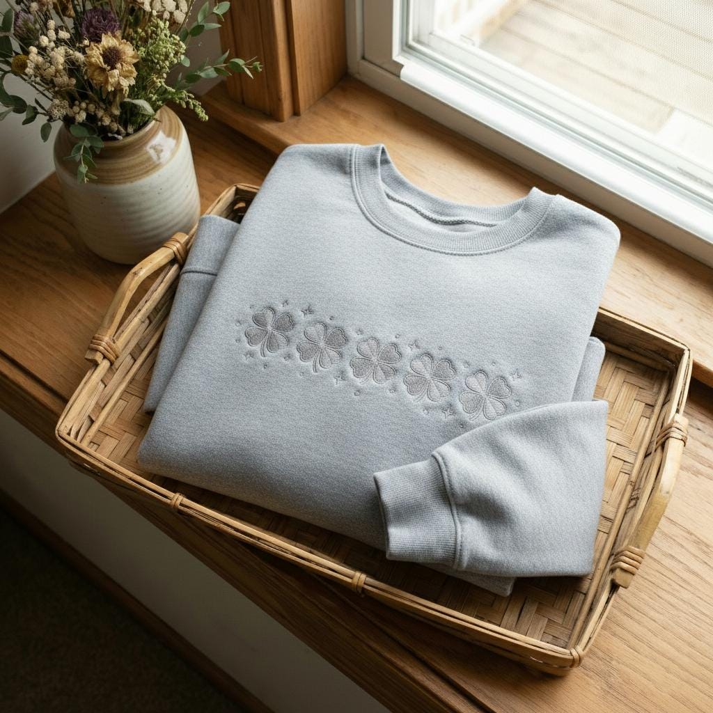 Embroidered Clover Sweatshirt, St. Patrick’s Day Irish Shirt, Lucky Tone-on-Tone Crewneck, Patrick’s Day Family Gift