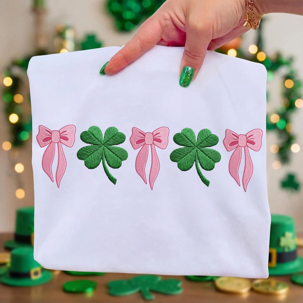 Coquette Bow Lucky Shamrock Embroidered Sweatshirt – St. Patrick’s Day Trendy Green Crewneck, Cute Irish Holiday Wear