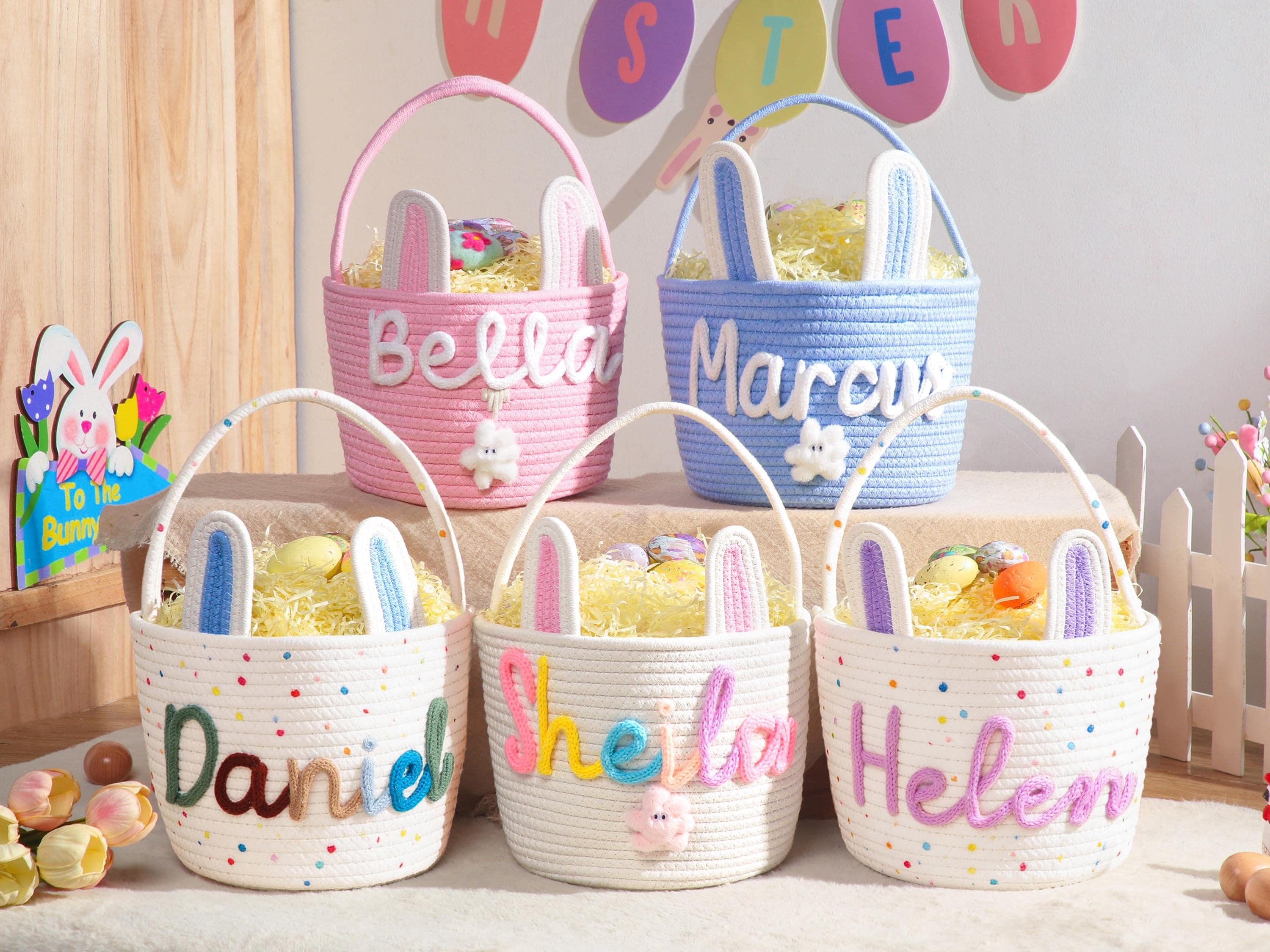 Personalized Easter Bunny Basket with name, Easter Basket for Kids, Easter Egg Hunt Basket,Easter Bunny Bucket, Toy Basket, Basket with Toy