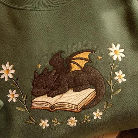 Dragon Book Embroidered Sweatshirt, Fantasy Bookworm Sweater, Cottagecore Reader Shirt