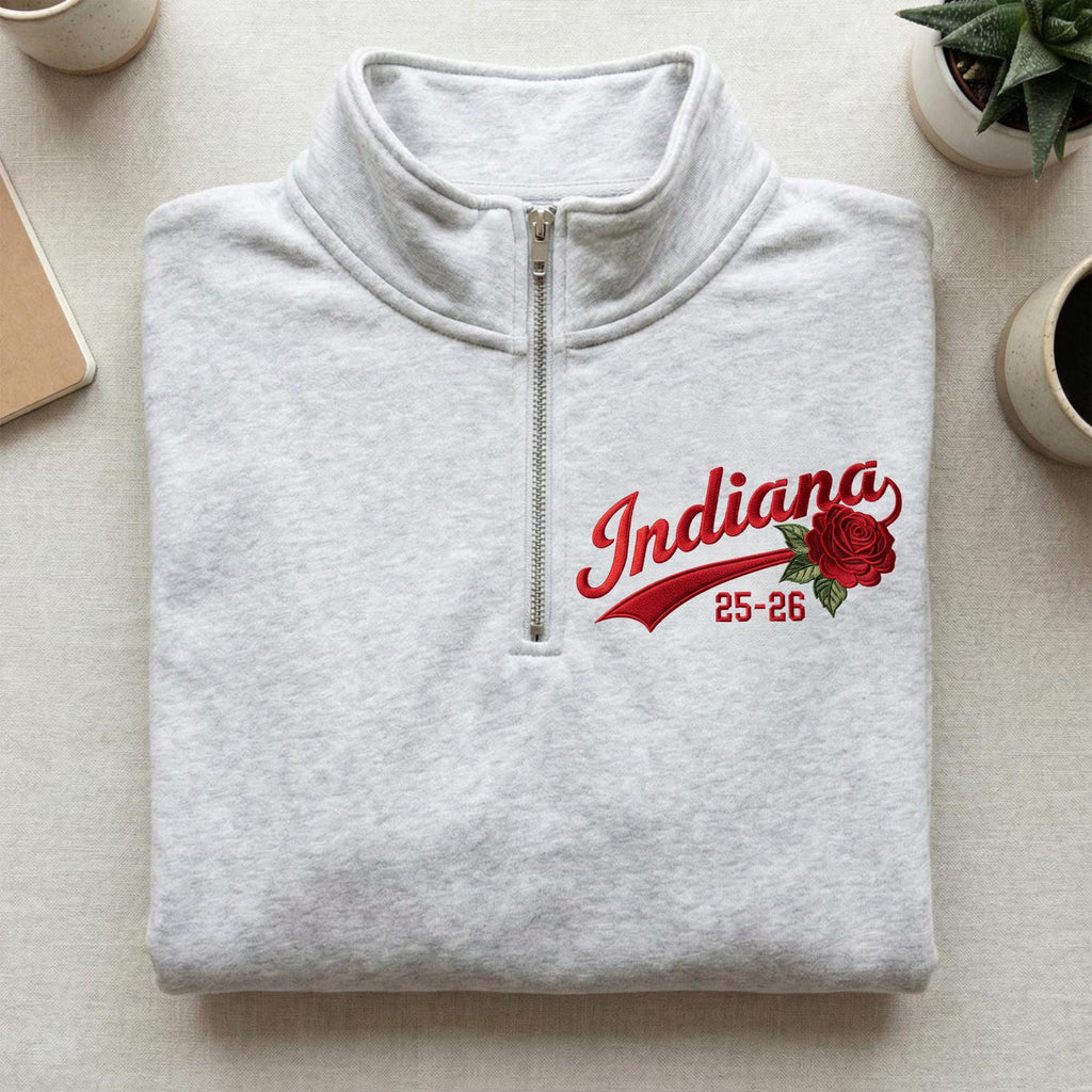 2026 Embroidered Indiana Quarter Zip Sweater – Indiana Rose Bowl Shirt, Hoosiers College Football Fan Gift, Pasadena California Game Day Apparel