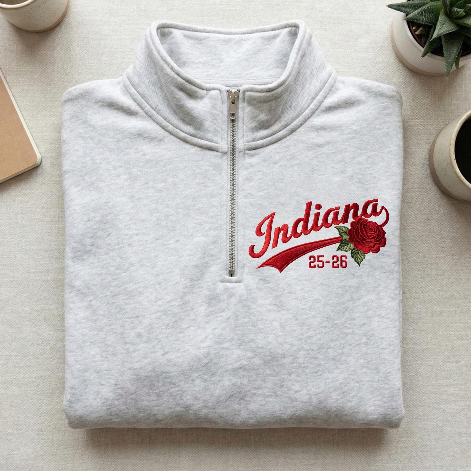 2026 Embroidered Indiana Quarter Zip Sweater – Indiana Rose Bowl Shirt, Hoosiers College Football Fan Gift, Pasadena California Game Day Apparel
