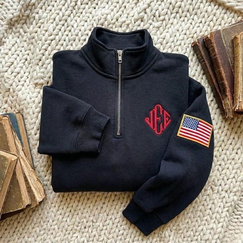 Personalized Embroidered J.E.E Quarter Zip Sweater, Pullover with Custom Chest Logo and USA Flag Sleeve